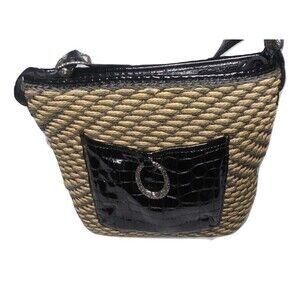 Vintage Brighton Straw Hobo Shoulder Bag Leather Trim Beige & Brown Purse